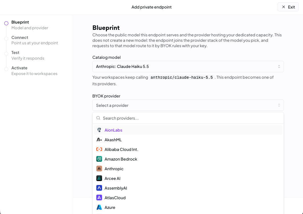 The Add private endpoint wizard on its Blueprint step, with Connect, Test, and Activate still to come. The catalog model is set to Anthropic: Claude Haiku 5.5 and the BYOK provider list is open.
